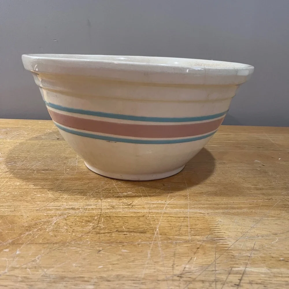 Vtg McCoy Oven Ware #12 Large Stoneware‎ Mixing Bowl Pink Blue Stripe Farmhouse